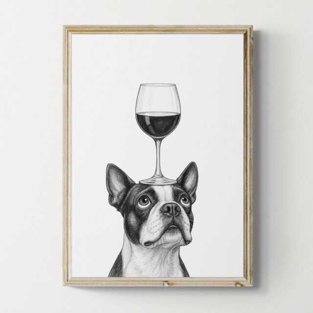 Boston Terrier Dog Art Print, Funny & Wine Drawing, Lover Wall Decor, Lovers Gifts - image 1