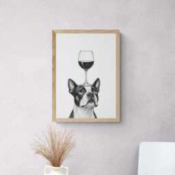 Boston Terrier Dog Art Print, Funny & Wine Drawing, Lover Wall Decor, Lovers Gifts - thumbnail 2