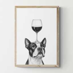 Boston Terrier Dog Art Print, Funny & Wine Drawing, Lover Wall Decor, Lovers Gifts - thumbnail 1