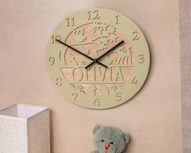 Personalised Woodland Wall Clock, Nature Theme Kids Room Forest Nursery Decor, Custom Child's Bedroom Children's Art - image 1