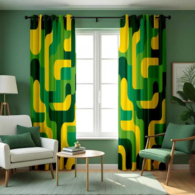Retro Geometric Curtains in Green & Yellow Tones, Bold Mid Century Modern Print Drapes, Custom Window Panels - image 1