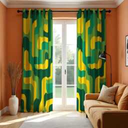 Retro Geometric Curtains in Green & Yellow Tones, Bold Mid Century Modern Print Drapes, Custom Window Panels - thumbnail 3