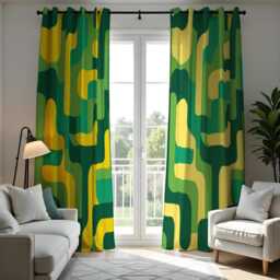 Retro Geometric Curtains in Green & Yellow Tones, Bold Mid Century Modern Print Drapes, Custom Window Panels - thumbnail 4