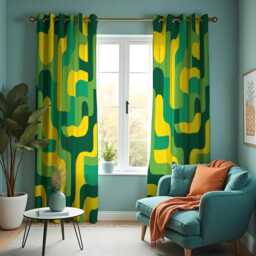 Retro Geometric Curtains in Green & Yellow Tones, Bold Mid Century Modern Print Drapes, Custom Window Panels - thumbnail 2