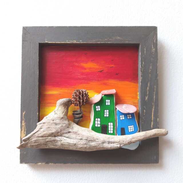 Handmade Coastal Cottage Scene Wall Art - Beachcombed Pottery & Driftwood Seascape - image 1