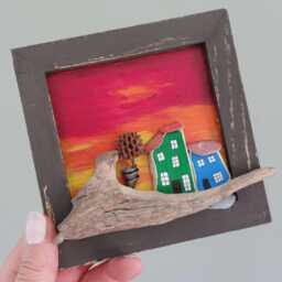 Handmade Coastal Cottage Scene Wall Art - Beachcombed Pottery & Driftwood Seascape - thumbnail 2