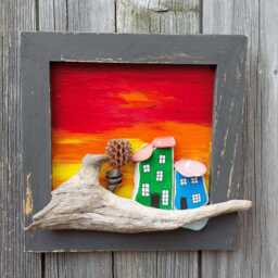 Handmade Coastal Cottage Scene Wall Art - Beachcombed Pottery & Driftwood Seascape - thumbnail 3