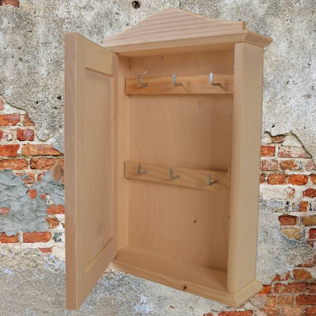Wooden Key Cabinet - 6 Hooks Wall Mounted Box Key's Rack Hanging Holder Cupboard Organiser Paintable Decorative Wood