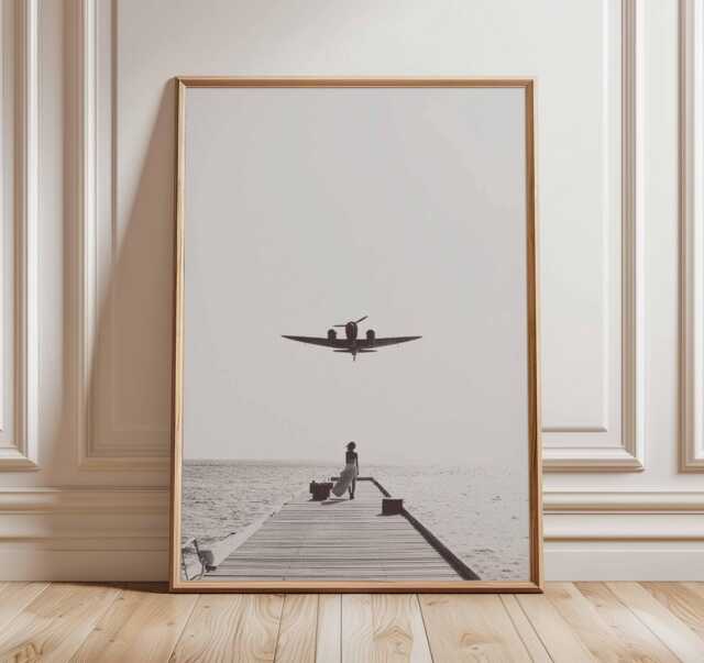 Airplane Landing Poster, Aviation Wall Art, Black & White Travel Print, Aircraft Over Ocean Artwork, Pilot Gift, Minimalist Decor - image 1