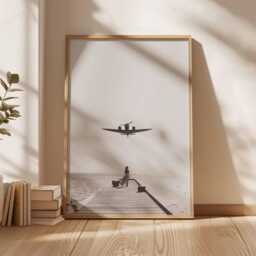 Airplane Landing Poster, Aviation Wall Art, Black & White Travel Print, Aircraft Over Ocean Artwork, Pilot Gift, Minimalist Decor - thumbnail 3