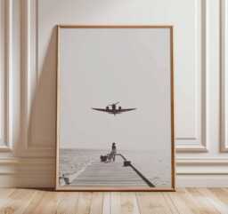 Airplane Landing Poster, Aviation Wall Art, Black & White Travel Print, Aircraft Over Ocean Artwork, Pilot Gift, Minimalist Decor - thumbnail 1