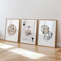 Set Of 3 Beige Lucky 8 Ball Prints Cherries Dice Ace Of Hearts Playing Card Wall Art Trendy Pictures Retro - thumbnail 2