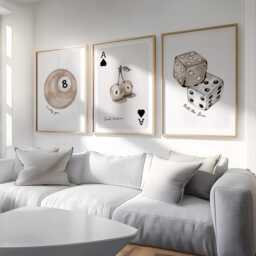 Set Of 3 Beige Lucky 8 Ball Prints Cherries Dice Ace Of Hearts Playing Card Wall Art Trendy Pictures Retro - thumbnail 3