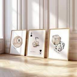 Set Of 3 Beige Lucky 8 Ball Prints Cherries Dice Ace Of Hearts Playing Card Wall Art Trendy Pictures Retro - thumbnail 1