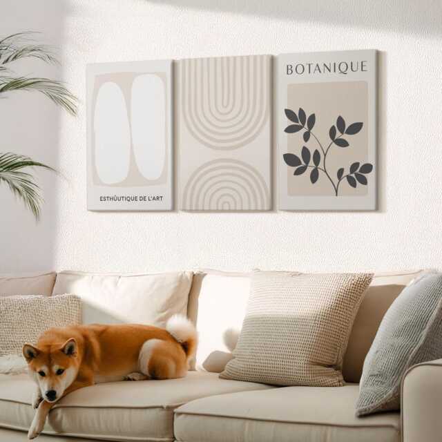 Canvas Set Of 3 Wall Art - Boho Delicate Posters Plant Motifs, Beige Large, Abstract Hanging Piece - image 1