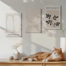 Canvas Set Of 3 Wall Art - Boho Delicate Posters Plant Motifs, Beige Large, Abstract Hanging Piece - thumbnail 3