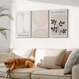 Canvas Set Of 3 Wall Art - Boho Delicate Posters Plant Motifs, Beige Large, Abstract Hanging Piece - thumbnail 1