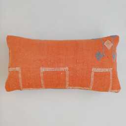 Moroccan Cactus Silk Cushion Cover, Handmade Orange Sabra Lumbar Pillow, Boho 24''x12''/60x30 cm - thumbnail 1
