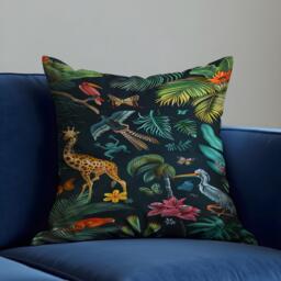 Tropical Wildlife Cushion Cover, Parrot, Giraffe, Exotic Jungle Animals Pillow Case, Botanical Birds, Floral & Safari Throw Cover
