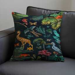 Tropical Wildlife Cushion Cover, Parrot, Giraffe, Exotic Jungle Animals Pillow Case, Botanical Birds, Floral & Safari Throw Cover - thumbnail 2