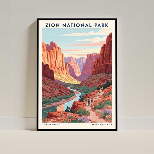 Zion National Park, Utah, Usa Travel Poster - Vintage American Art Print Illustration - image 1