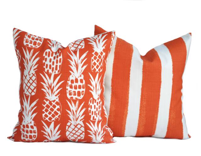 2 Quality Outdoor Pillow Cover, Orange Pineapple, Decorative Throw Striped Pillow, Accent Tropical Case - image 1