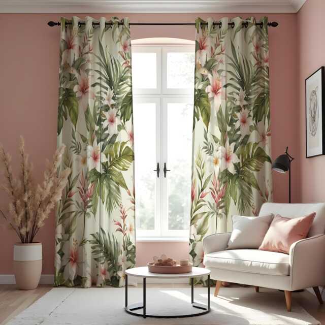 Tropical Floral Curtains With Green Leaves & Pink Flowers, Custom Botanical Drapes, Soft Nature Window Panels For Living Room Or Bedroom - image 1