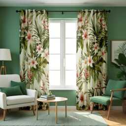 Tropical Floral Curtains With Green Leaves & Pink Flowers, Custom Botanical Drapes, Soft Nature Window Panels For Living Room Or Bedroom - thumbnail 3