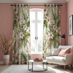 Tropical Floral Curtains With Green Leaves & Pink Flowers, Custom Botanical Drapes, Soft Nature Window Panels For Living Room Or Bedroom