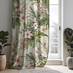 Tropical Floral Curtains With Green Leaves & Pink Flowers, Custom Botanical Drapes, Soft Nature Window Panels For Living Room Or Bedroom - thumbnail 2