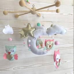 Mobile Baby, Theme Owls, Pink & Green, Golden Moon Star, Cradle Suspension, Baby Room Decor, Games, Suspension Deco - thumbnail 3