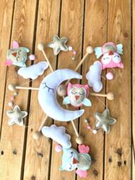 Mobile Baby, Theme Owls, Pink & Green, Golden Moon Star, Cradle Suspension, Baby Room Decor, Games, Suspension Deco - thumbnail 1