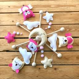 Mobile Baby, Theme Owls, Pink & Green, Golden Moon Star, Cradle Suspension, Baby Room Decor, Games, Suspension Deco - thumbnail 2