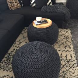 Dark Gray Knit Pouf Ottoman, Chunky Eco Cotton Footstool, Scandinavian Decor - thumbnail 3