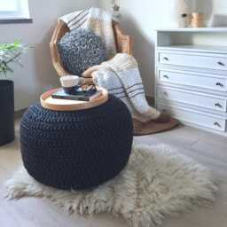 Dark Gray Knit Pouf Ottoman, Chunky Eco Cotton Footstool, Scandinavian Decor - thumbnail 2
