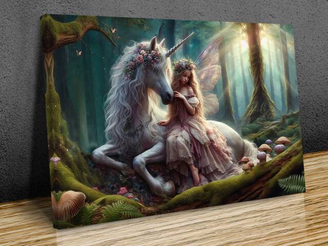 Fairy With Unicorn in Magical Forest Mounted Canvas Print, Wall Art, Ready To Hang - image 1