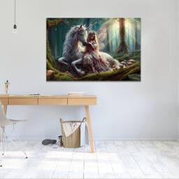 Fairy With Unicorn in Magical Forest Mounted Canvas Print, Wall Art, Ready To Hang - thumbnail 3