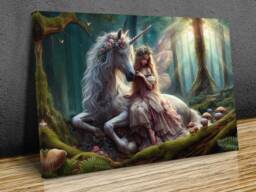 Fairy With Unicorn in Magical Forest Mounted Canvas Print, Wall Art, Ready To Hang - thumbnail 1