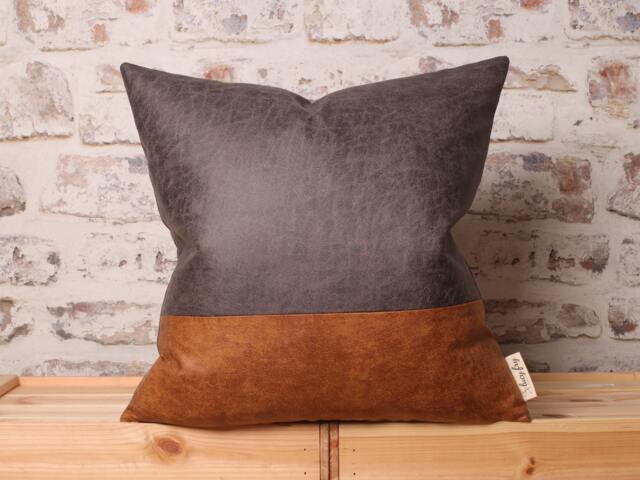 Color Block Faux Leather Cushion Cover Steel Grey & Saddle Brown - image 1