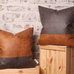 Color Block Faux Leather Cushion Cover Steel Grey & Saddle Brown - thumbnail 4