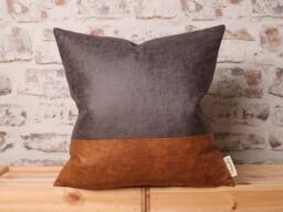 Color Block Faux Leather Cushion Cover Steel Grey & Saddle Brown