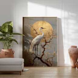 Golden Sun Crane Poster - Japanese Heron Wall Art With Plum Blossoms, Oriental Style Nature Print, Unframed - thumbnail 4