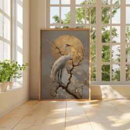 Golden Sun Crane Poster - Japanese Heron Wall Art With Plum Blossoms, Oriental Style Nature Print, Unframed - thumbnail 3