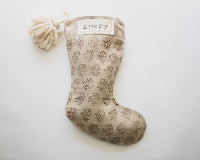 Rust Floral Block Print Christmas Stockings Personalized, Neutral Linen, Farmhouse Holiday Stocking, Designer - image 1