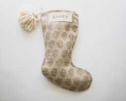 Rust Floral Block Print Christmas Stockings Personalized, Neutral Linen, Farmhouse Holiday Stocking, Designer