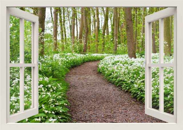Blooming Flowers Wall Decal, Trees Forest Walkway Sticker, 3D Window View Nature Mural For Living Room Home Decor