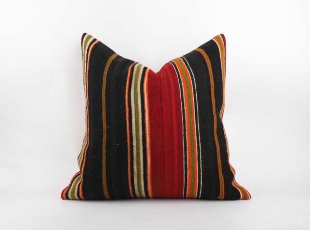 Handwoven Wool Kilim Pillow Cover, Bohemian Turkish Stripe Design - 24''x24'' - image 1