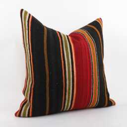 Handwoven Wool Kilim Pillow Cover, Bohemian Turkish Stripe Design - 24''x24'' - thumbnail 3