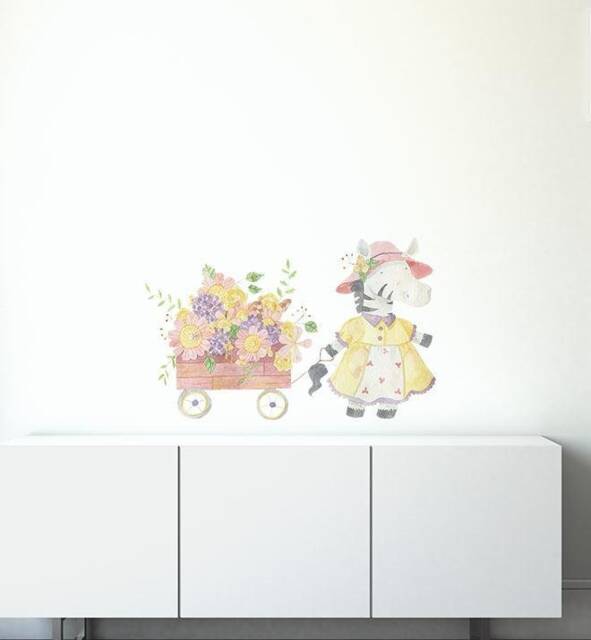 Cecilia The Zebra Pulling Her Flower Cart Wall Sticker Decal - Kids Stickers, Animals Childrens Decals, Room