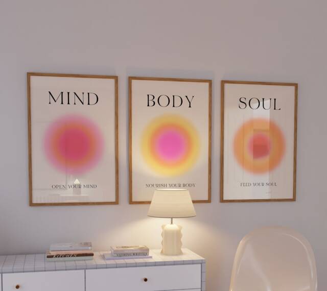 Set Of 3 Spiritual Wisdom Art Prints, Wall Print Set, Trendy Gradient Aura Poster, Gift, Mind Body Soul Posters, Pink Posters - image 1